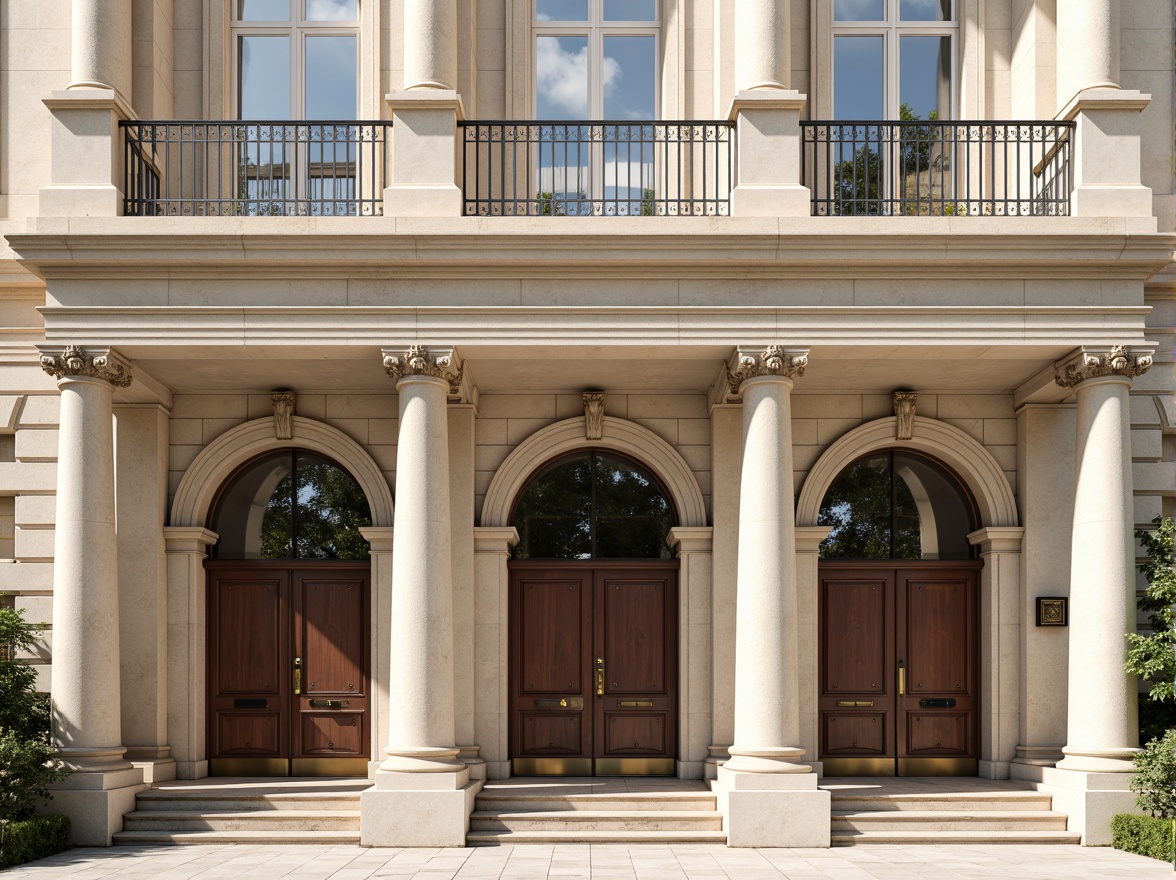 Prompt: Ornate classical facade, symmetrical composition, ionic columns, ornamental pilasters, decorative cornices, rusticated quoins, limestone walls, granite bases, arched windows, segmented pediments, carved wooden doors, bronze hardware, subtle color palette, cream-colored stucco, weathered stone textures, soft natural lighting, shallow depth of field, 2/3 composition, realistic architectural details, ambient occlusion.