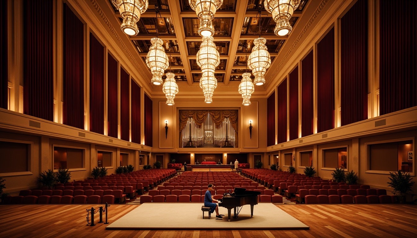 Prompt: Grand concert hall, ornate chandeliers, velvet drapes, polished wooden floors, tiered seating, intimate performance spaces, acoustic panels, soundproofing materials, grand piano, spotlights, dramatic lighting effects, high ceilings, intricate architectural details, luxurious VIP areas, exclusive backstage access, modern amenities, sleek minimalistic design, open floor plans, fluid spatial transitions, 1/2 composition, warm golden lighting, soft focus blur.