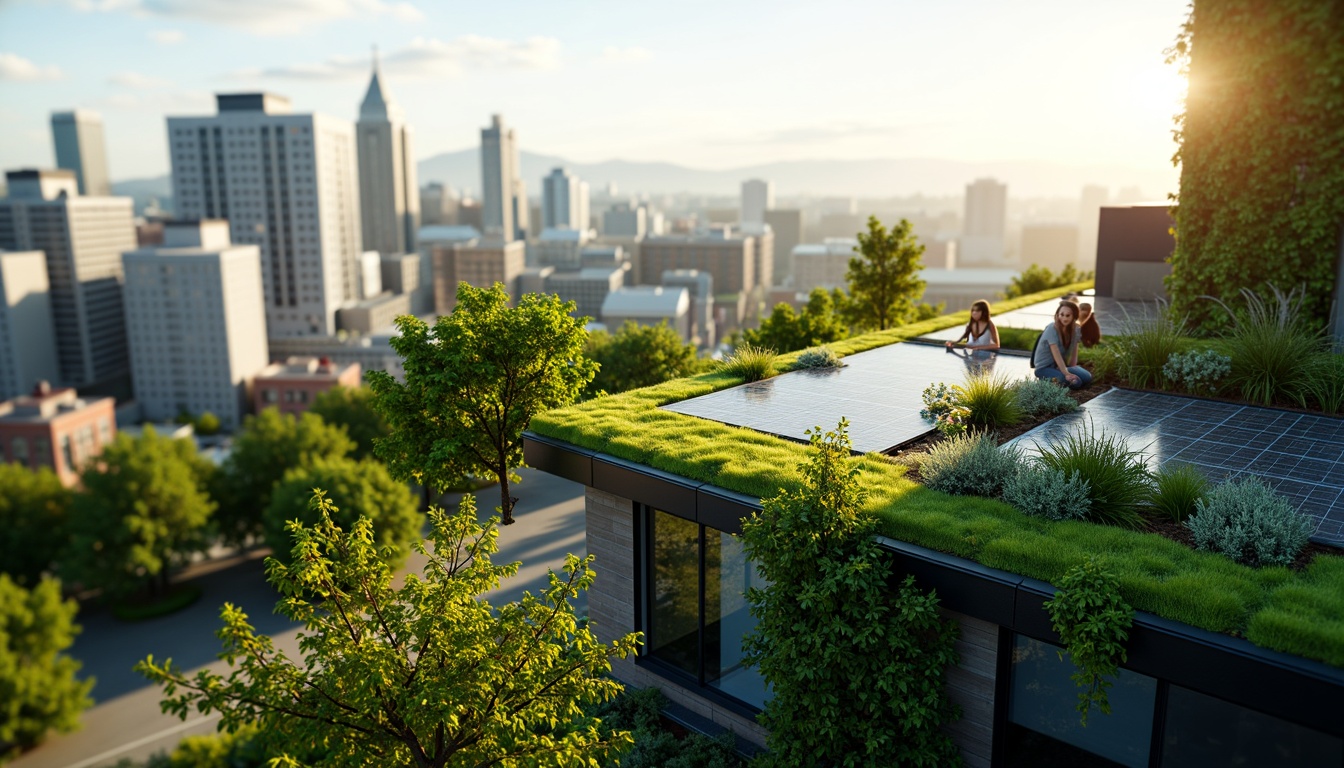 Prompt: Eco-friendly building facade, green roof, solar panels, rainwater harvesting system, natural ventilation, recycled materials, energy-efficient windows, living walls, urban forest, city skyline, modern architecture, sleek lines, minimalist design, sustainable development, zero-carbon footprint, organic textures, vibrant plant life, sunny day, soft warm lighting, shallow depth of field, 3/4 composition, panoramic view, realistic rendering.