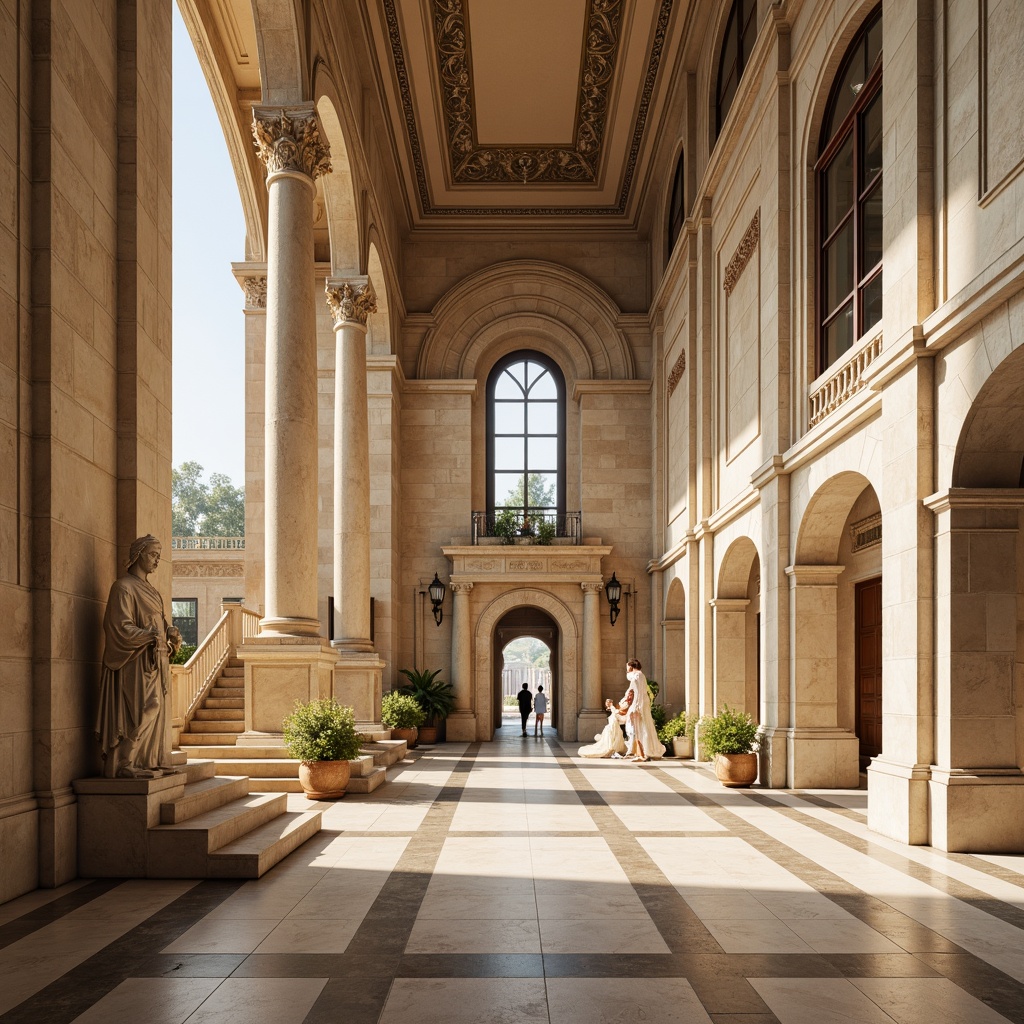 Prompt: Marble columns, ornate carvings, intricate moldings, grand staircases, symmetrical facades, rusticated bases, smooth stone walls, tall windows, arched doorways, decorative pediments, classical statues, subtle gradations, warm beige tones, soft golden lighting, shallow depth of field, 1/1 composition, panoramic view, realistic reflections, ambient occlusion.