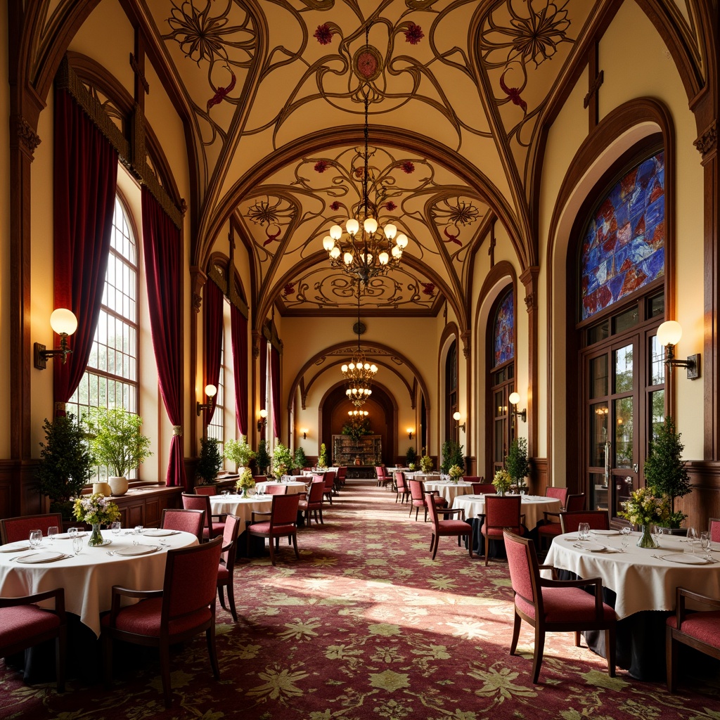 Prompt: Richly ornamented Art Nouveau dining hall, warm golden lighting, luxurious velvet drapes, intricate floral patterns, sinuous organic lines, ornate metalwork, lavish furnishings, jewel-toned stained glass windows, soft cream-colored walls, dark wood paneling, elegant curved archways, plush carpets, whimsical botanical motifs, opulent chandeliers, soft focus, warm color harmony, 1/2 composition, atmospheric perspective.