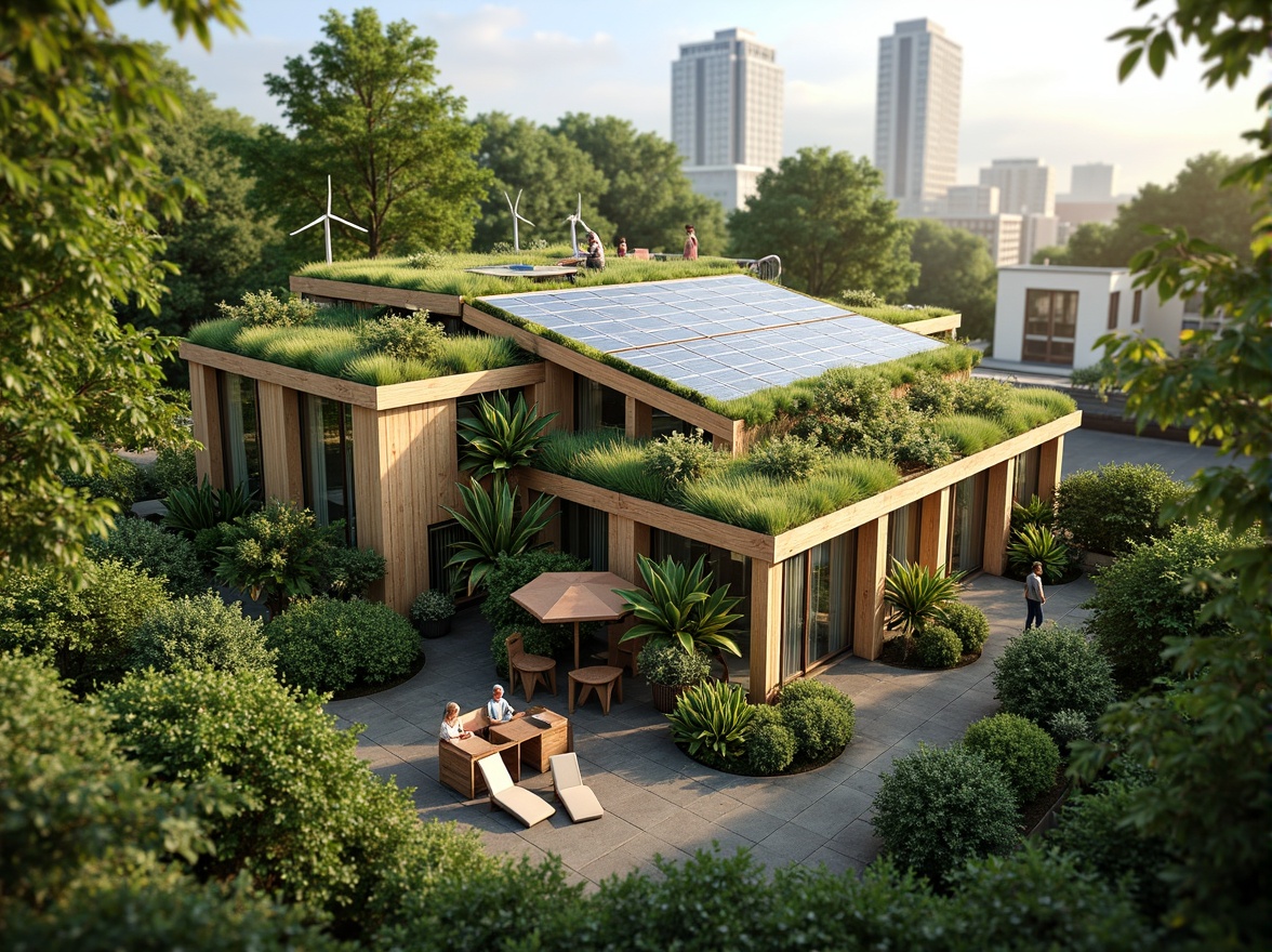 Prompt: Eco-friendly building, green roof, solar panels, wind turbines, rainwater harvesting system, recycled materials, minimal carbon footprint, natural ventilation, abundant daylight, energy-efficient systems, sustainable urban planning, vibrant botanical garden, lush green walls, organic shapes, earthy color palette, soft warm lighting, shallow depth of field, 1/1 composition, realistic textures, ambient occlusion.