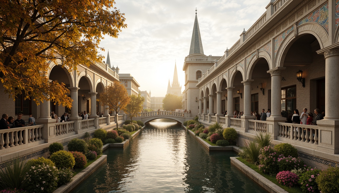 Prompt: Intricate stone carvings, ornate arches, grandiose bridge towers, majestic water reflections, sunny day, warm golden lighting, soft focus, 1/2 composition, symmetrical architecture, ornamental lanterns, decorative railings, Byzantine-inspired patterns, richly colored mosaic tiles, gilded accents, majestic river views, lush greenery, vibrant flowers, misty atmospheric effects.