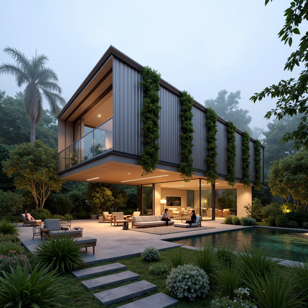 Prompt: Eco-friendly modern building, recycled metal facade, living green walls, solar panels, wind turbines, rainwater harvesting systems, natural stone floors, bamboo furniture, energy-efficient lighting, minimalist design, open-plan interior, floor-to-ceiling windows, sliding glass doors, organic gardens, lush vegetation, misty atmosphere, soft warm lighting, shallow depth of field, 3/4 composition, panoramic view, realistic textures, ambient occlusion.