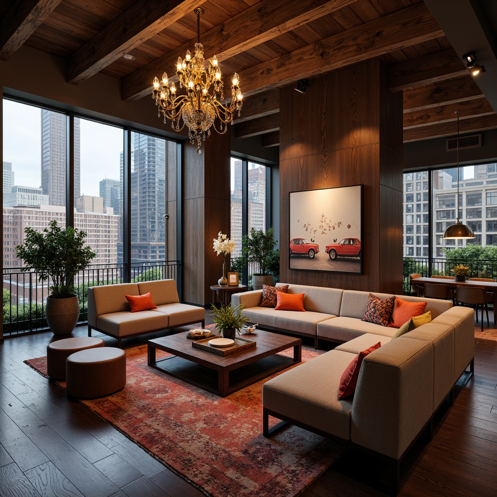 Prompt: Elegant living room, plush sofas, warm lighting, rich wood accents, luxurious fabrics, vibrant artwork, statement chandeliers, floor-to-ceiling windows, urban city views, modern minimalist decor, sleek lines, industrial metal beams, reclaimed wood floors, cozy reading nooks, intimate dining areas, sophisticated color schemes, dramatic ceiling heights, 1/1 composition, warm ambient lighting, realistic textures, subtle shadows.