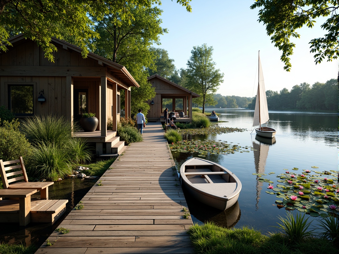 Prompt: Waterfront boathouse, rustic wooden dock, serene lake scenery, lush greenery, vibrant water lilies, sailboats, canoes, paddles, nautical ropes, distressed wood textures, weathered metal accents, earthy color palette, mossy greens, driftwood grays, sky blues, sunny day, soft warm lighting, shallow depth of field, 1/1 composition, realistic reflections, ambient occlusion.