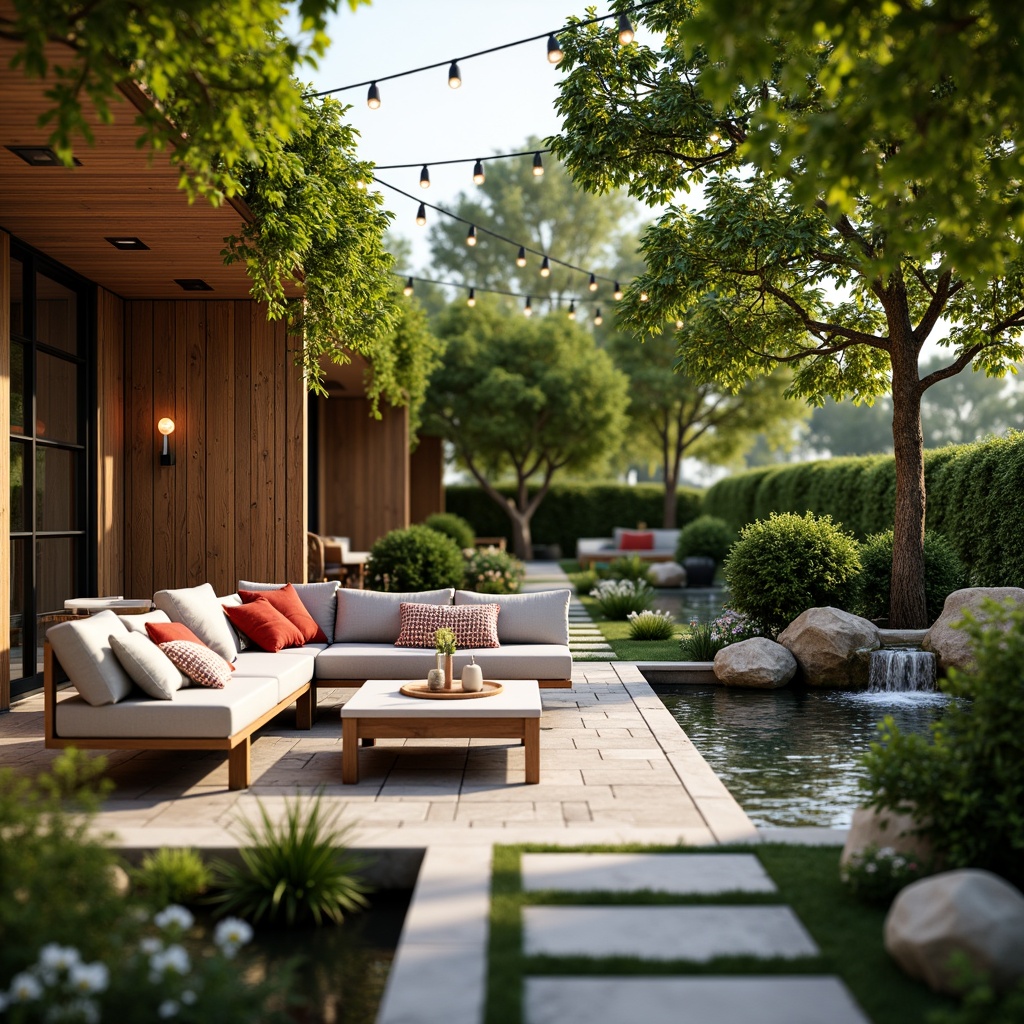 Prompt: Cozy patio, lush greenery, blooming flowers, comfortable seating, warm string lights, natural stone flooring, wooden accents, modern outdoor furniture, soft cushions, vibrant throw pillows, refreshing water features, small pond, gentle fountain, serene ambiance, warm sunny day, shallow depth of field, 3/4 composition, panoramic view, realistic textures, ambient occlusion.