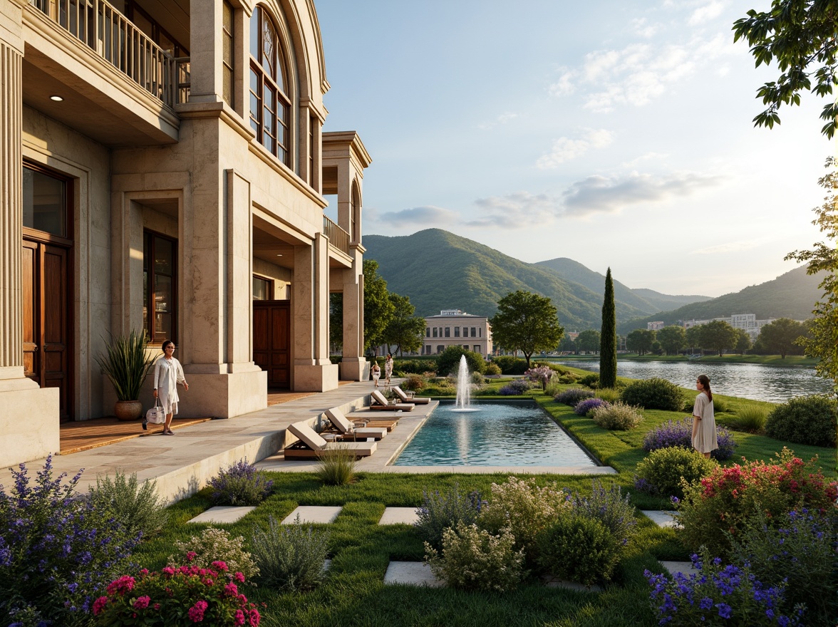 Prompt: Elegant villas, rolling hills, serene lakeside, lush greenery, vibrant flowers, walking paths, ornate fountains, neoclassical columns, symmetrical facades, grand entrances, marble statues, intricate stone carvings, rustic wooden doors, stained glass windows, soft warm lighting, shallow depth of field, 3/4 composition, panoramic view, realistic textures, ambient occlusion.