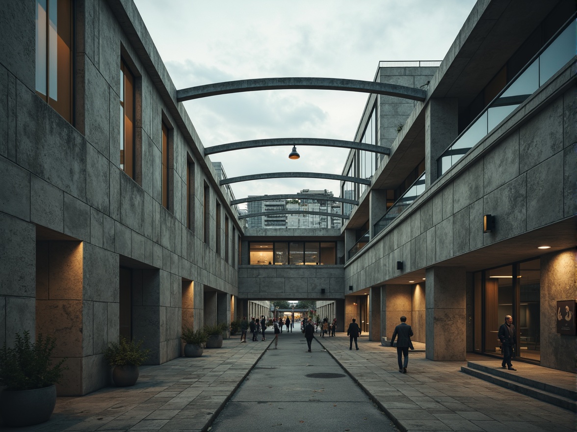 Prompt: Rugged brutalist building, raw concrete walls, minimalist aesthetic, large windows, clerestory openings, skylights, industrial materials, metal beams, exposed ductwork, urban cityscape, overcast sky, diffused natural light, soft shadows, dramatic contrast, high ceilings, open floor plan, communal spaces, functional simplicity, structural honesty, brutalist textures, weathered concrete, steel accents, subtle color palette, ambient occlusion, realistic rendering, cinematic lighting.