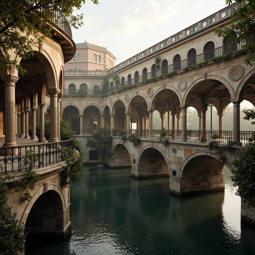 Prompt: Ancient bridge, Byzantine architecture, ornate stonework, rusticated columns, arched windows, grandiose piers, intricate carvings, weathered stone surfaces, moss-covered walls, serene water reflections, misty morning atmosphere, soft warm lighting, shallow depth of field, 1/2 composition, realistic textures, ambient occlusion, detailed stone patterns, ornate metal railings, ancient history-inspired details.