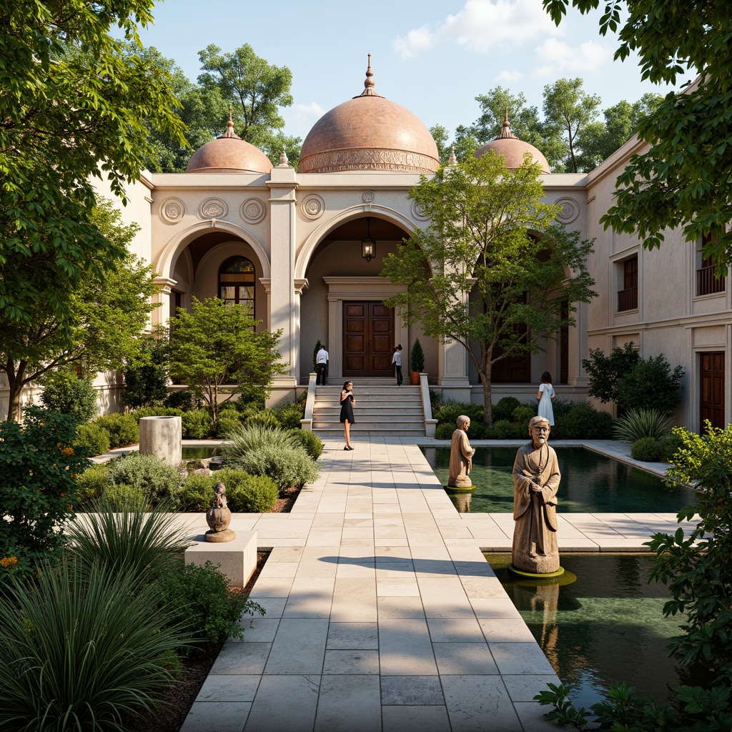 Prompt: Serene temple courtyard, lush greenery, tranquil water features, peaceful walking paths, spiritual statues, ornate fountains, vibrant flower arrangements, natural stone pavements, intricately carved wooden doors, majestic architectural domes, stained glass windows, soft warm lighting, shallow depth of field, 1/1 composition, symmetrical framing, realistic textures, ambient occlusion.