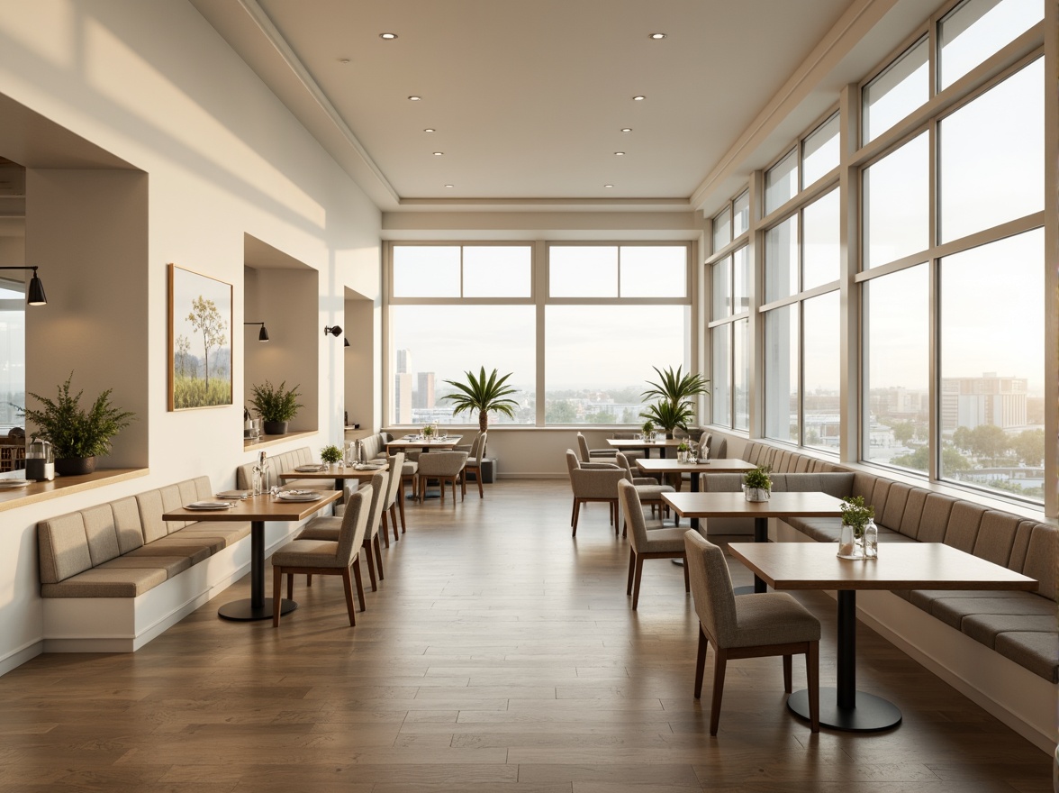 Prompt: Monochromatic dining hall, sleek minimalist design, cream-colored walls, polished wooden floors, modern furniture, simple lines, sparse decor, natural light pouring in, floor-to-ceiling windows, subtle texture contrasts, matte black tables, soft beige upholstery, warm white lighting, shallow depth of field, 1/1 composition, realistic reflections, ambient occlusion.