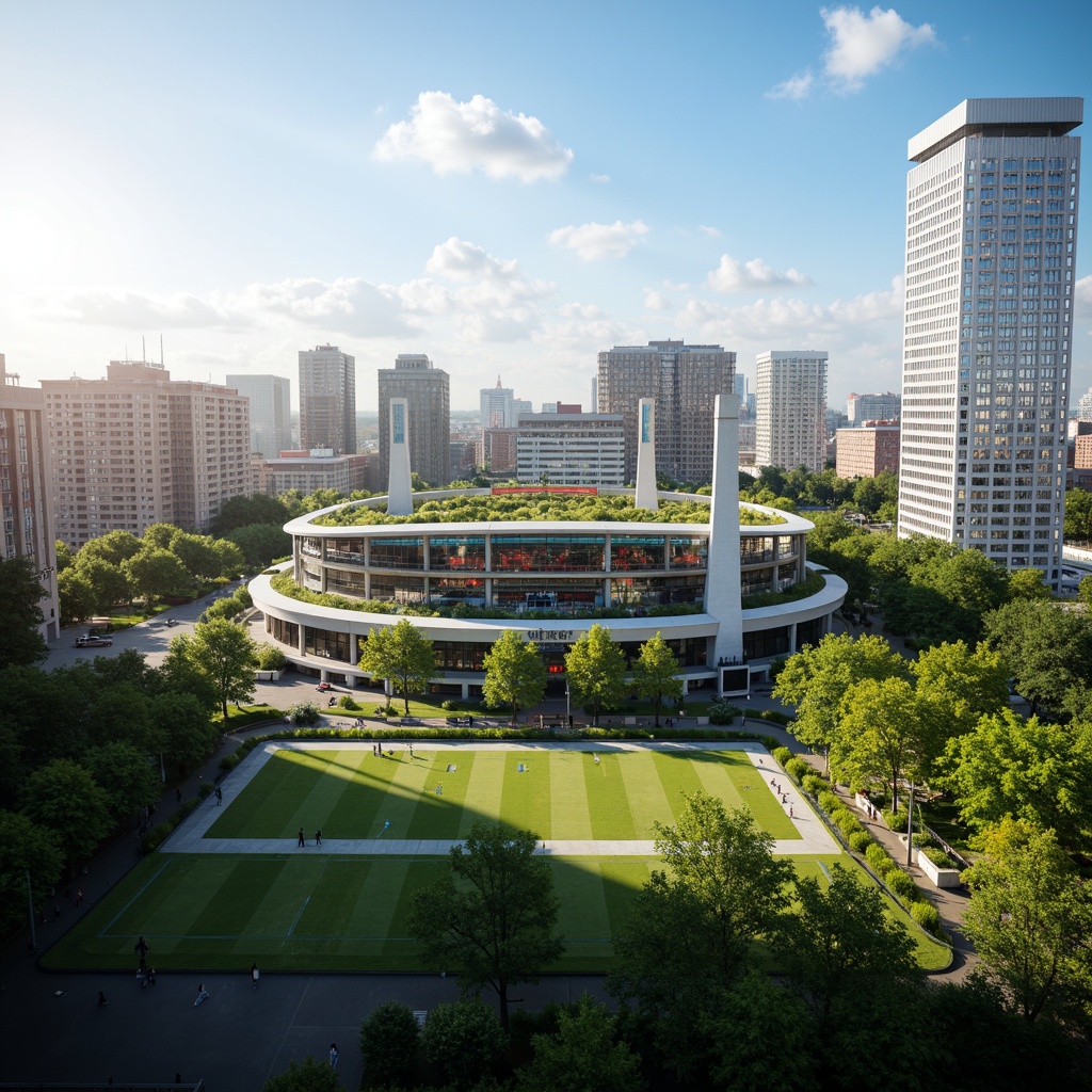 Prompt: Eco-friendly stadium architecture, green roofs, solar panels, wind turbines, rainwater harvesting systems, recyclable materials, natural ventilation systems, large windows, transparent fa\u00e7ades, cantilevered structures, curved lines, futuristic design, vibrant LED lighting, lush greenery, urban landscape, clear blue sky, sunny day, soft warm lighting, shallow depth of field, 3/4 composition, panoramic view, realistic textures, ambient occlusion.