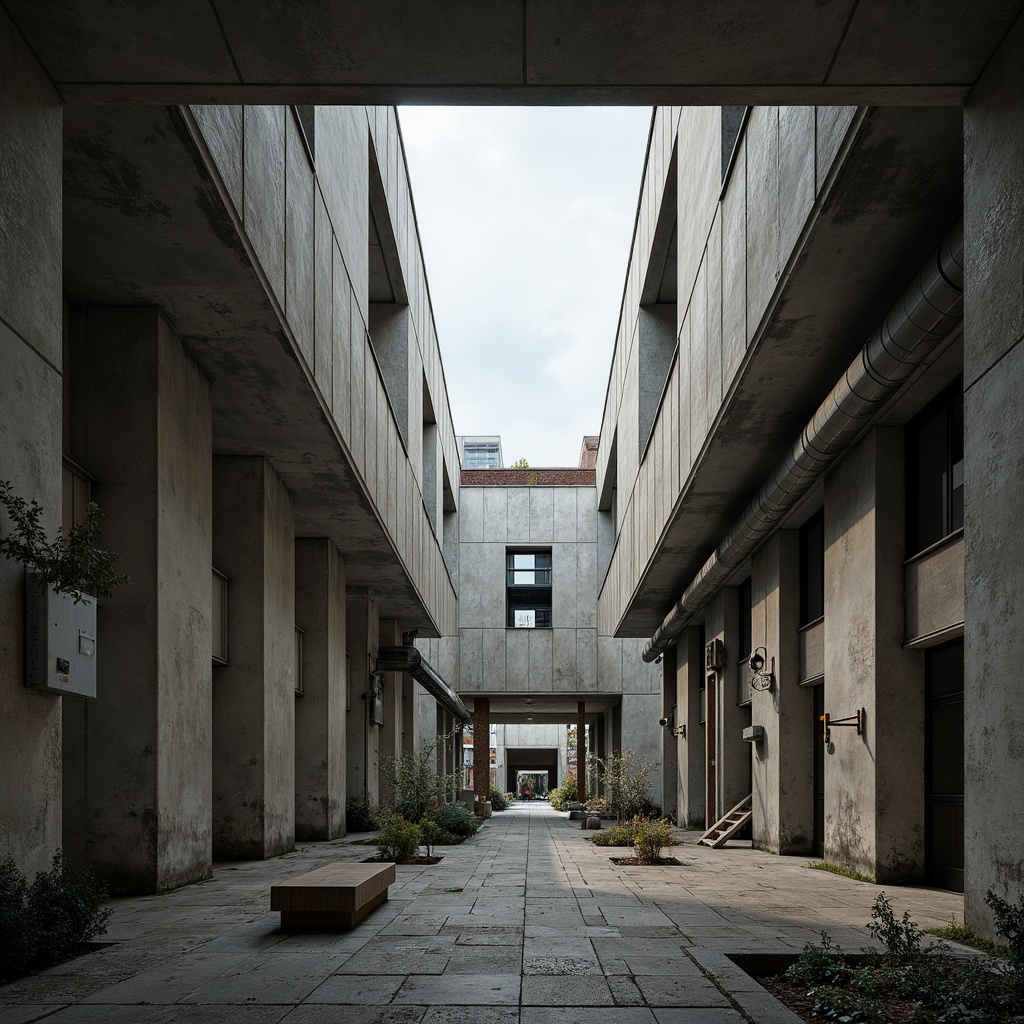 Prompt: Rough-hewn concrete walls, exposed ductwork, industrial pipes, distressed metal surfaces, weathered wood accents, rugged stone foundations, brutalist fortress-like structures, imposing geometric forms, dramatic natural light, harsh shadows, cold atmospheric tones, minimalist compositions, bold structural elements, raw unfinished textures, urban cityscape backdrop, overcast skies, muted color palette, high-contrast lighting, cinematic wide-angle shots, intense focal lengths.