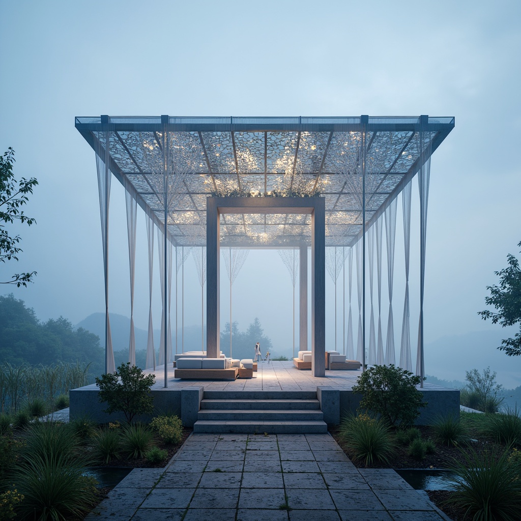 Prompt: Ethereal pavilion, iridescent canopy, delicate latticework, glowing accents, shimmering curtains, misty atmosphere, soft diffused lighting, natural stone foundation, slender metal columns, minimalist architecture, futuristic design, cantilevered rooflines, panoramic views, 3/4 composition, high-key imagery, luminous textures, subtle ambient occlusion.