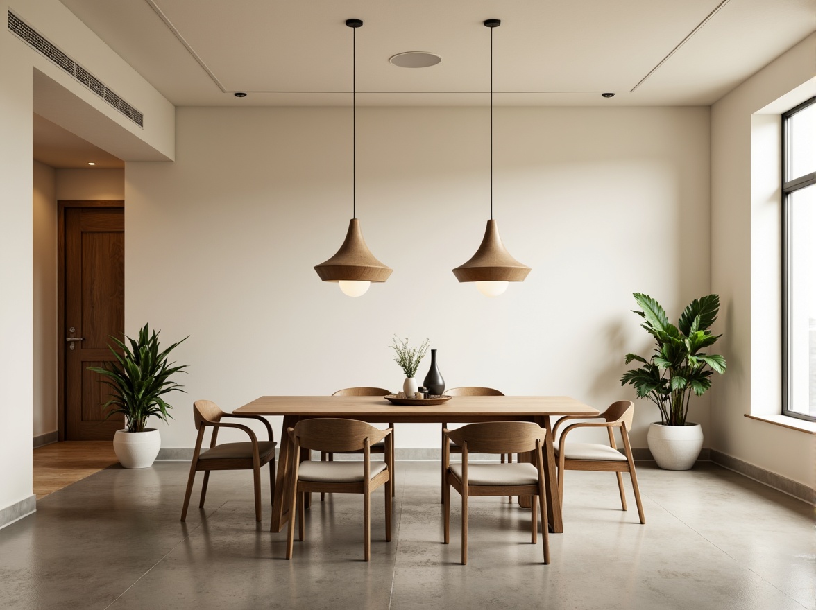 Prompt: Simple dining table, sleek wooden chairs, minimalist pendant lights, cream-colored walls, polished concrete floors, sparse decorative objects, green potted plants, natural wood accents, subtle textures, monochromatic color scheme, soft warm lighting, shallow depth of field, 3/4 composition, panoramic view, realistic reflections, ambient occlusion.