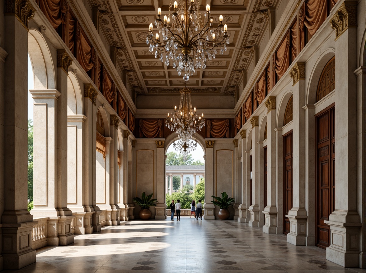 Prompt: Grandiose columns, ornate details, symmetrical facades, limestone walls, marble floors, crystal chandeliers, luxurious fabrics, rich wood tones, polished bronze accents, intricate moldings, subtle color palette, soft warm lighting, shallow depth of field, 3/4 composition, panoramic view, realistic textures, ambient occlusion.