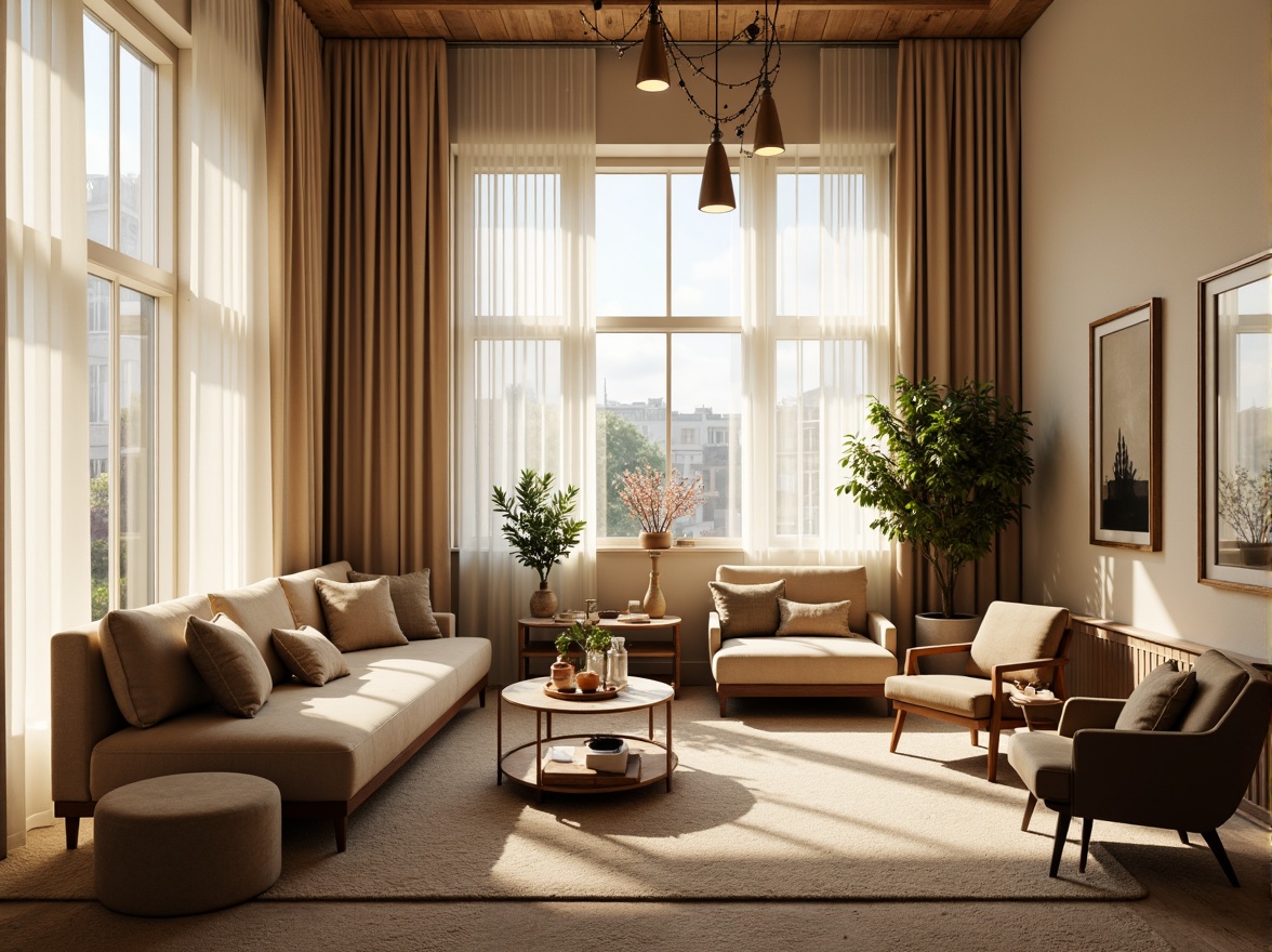 Prompt: Cozy living room, warm beige walls, plush sofas, velvet armchairs, wooden coffee tables, soft carpet flooring, natural light pouring in, floor-to-ceiling windows, sheer white curtains, minimal decorative ornaments, soft warm lighting, ambient shadows, 1/1 composition, intimate atmosphere, calming color palette, comfortable seating areas, greenery accents, elegant chandeliers, subtle textures, realistic reflections.