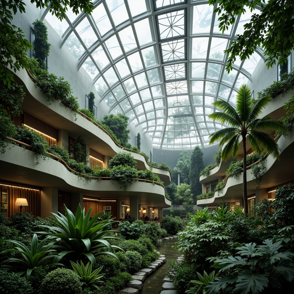 Prompt: \Curvaceous greenhouse, lush vegetation, tropical plants, misty atmosphere, natural ventilation, solar panels, rainwater harvesting systems, living walls, bio-inspired fa\u00e7ades, organic shapes, earthy tones, warm ambient lighting, shallow depth of field, 2/3 composition, panoramic view, realistic textures, ambient occlusion, sustainable materials, recycled wood accents, low-carbon footprint, futuristic yet organic architecture, innovative climate control systems, optimized energy efficiency.\