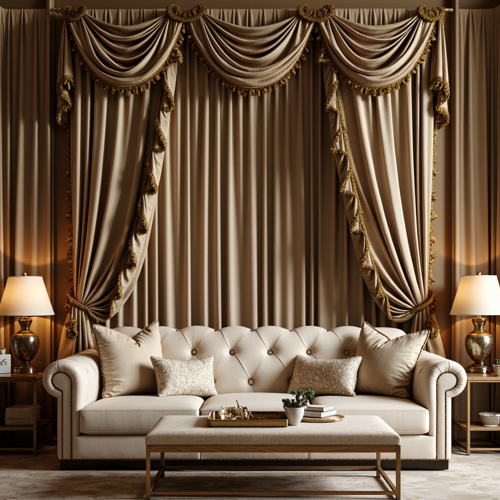 Prompt: Rich velvet fabrics, ornate patterns, luxurious golden accents, subtle sheen, elegant drapery, plush cushions, tufted upholstery, intricate embroidery, subtle texture variations, warm beige tones, soft cream hues, lavish silk materials, refined linen weaves, timeless classicism style, sophisticated ambiance, subtle lighting effects, warm color palette, inviting atmosphere, ornamental accessories, decorative trimmings.