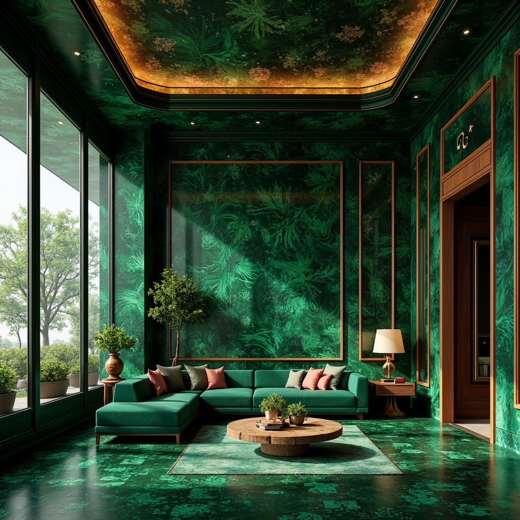 Prompt: Vibrant green malachite stone, swirling patterns, copper accents, earthy undertones, rich jewel tones, luxurious velvet textures, intricate inlays, ornate details, opulent furnishings, lavish decor, warm golden lighting, soft focus, shallow depth of field, 2/3 composition, realistic renderings, ambient occlusion.This palette combines the distinctive green and copper hues of malachite with luxurious and ornate elements to evoke a sense of opulence and sophistication. The addition of warm golden lighting and soft focus creates a cozy and inviting atmosphere, while the shallow depth of field and 2/3 composition help to create a sense of intimacy and grandeur.