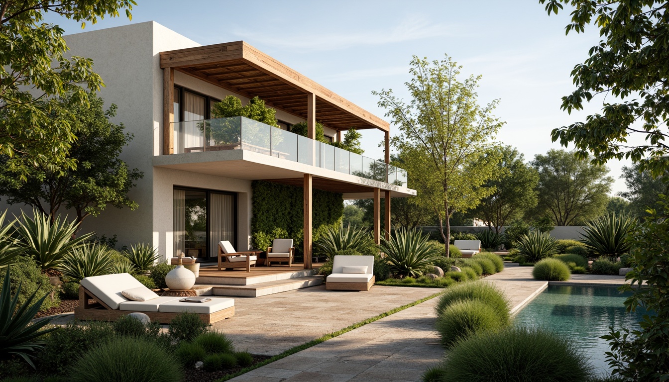 Prompt: Earth-toned villa, natural materials, reclaimed wood accents, living green walls, lush vegetation, eco-friendly furniture, solar panels, wind turbines, rainwater harvesting systems, organic gardens, serene outdoor spaces, soft warm lighting, shallow depth of field, 3/4 composition, panoramic view, realistic textures, ambient occlusion, calming color palette, soothing earthy tones, muted green hues, weathered wood textures, natural stone pathways, tranquil atmosphere.