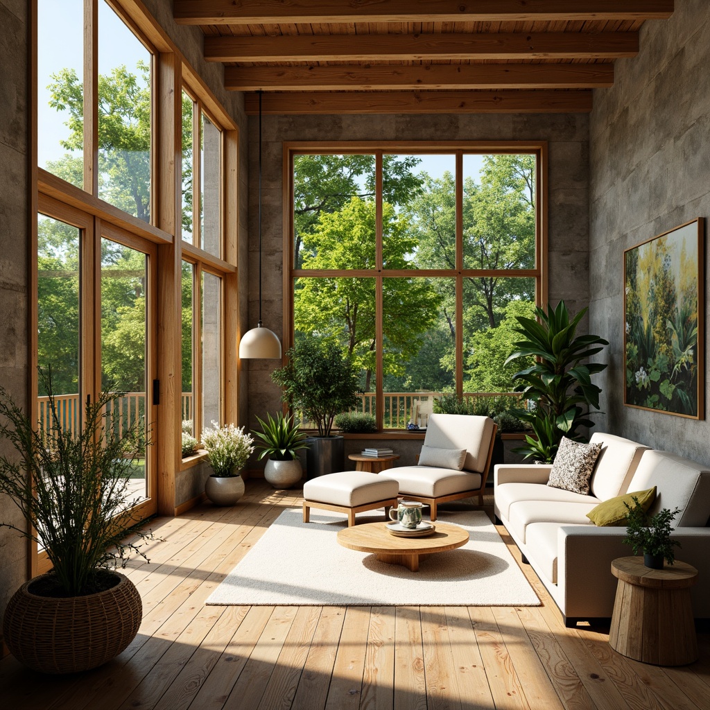 Prompt: Vibrant living room, large windows, sliding glass doors, natural stone walls, wooden floors, greenery interior design, potted plants, blooming flowers, warm sunlight, soft shadows, cozy atmosphere, comfortable seating area, modern minimalist furniture, earthy color palette, organic textures, 1/1 composition, high-key lighting, shallow depth of field, realistic render.