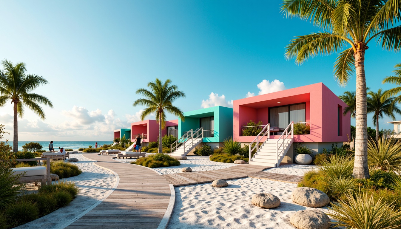 Prompt: Vibrant beachside villas, turquoise accents, sandy neutrals, coral pink hues, ocean-inspired blues, driftwood grays, seaside resorts, tropical palm trees, coastal walkways, natural stone foundations, wooden decks, nautical ropes, sailboat-inspired designs, sea salt weathered wood, warm sunny days, soft golden lighting, shallow depth of field, 1/2 composition, panoramic views, realistic textures, ambient occlusion.