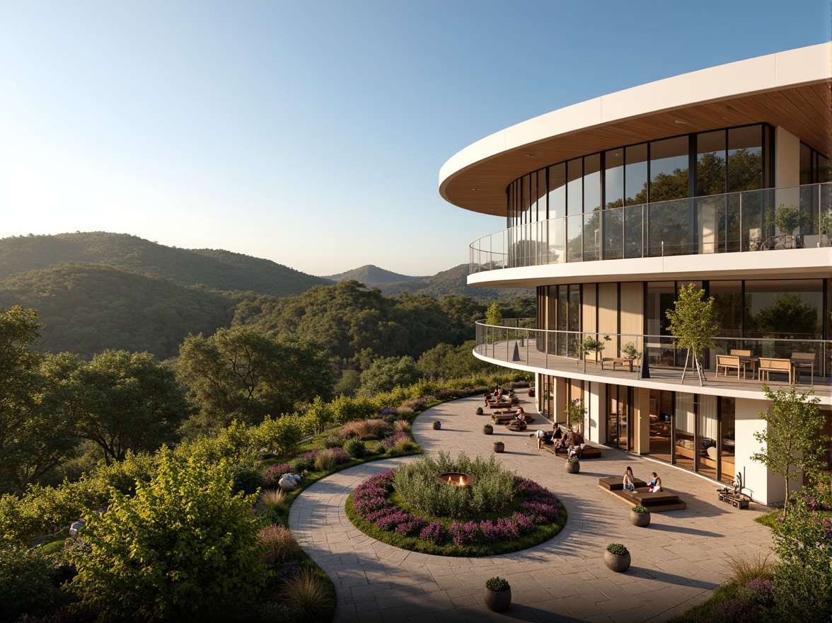 Prompt: Modern winery building, sleek glass facade, metallic accents, curved lines, minimalist design, lush green vineyards, rolling hills, scenic pathways, ornamental fountains, rustic stone walls, contemporary sculptures, vibrant purple grapes, sun-kissed terrain, warm afternoon light, shallow depth of field, 3/4 composition, panoramic view, realistic textures, ambient occlusion, wine barrel decorations, trellised seating areas, outdoor fire pits, soft warm lighting.