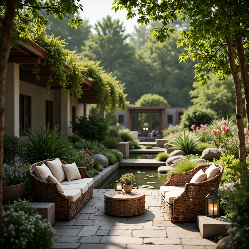 Prompt: Vibrant garden patio, lush greenery, blooming flowers, comfortable outdoor furniture, woven wicker chairs, plush cushions, rustic wooden tables, lantern-style lighting, natural stone pathways, serene water features, small ponds, gentle fountains, soft warm ambiance, shallow depth of field, 3/4 composition, realistic textures, ambient occlusion.