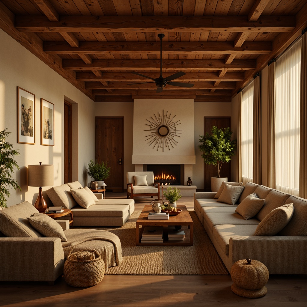 Prompt: Warm inviting atmosphere, cozy living room, plush furniture, soft cushions, warm beige walls, rich wooden accents, natural textures, earthy tones, calming ambiance, soft warm lighting, gentle shadows, 3/4 composition, intimate scale, realistic render, ambient occlusion.