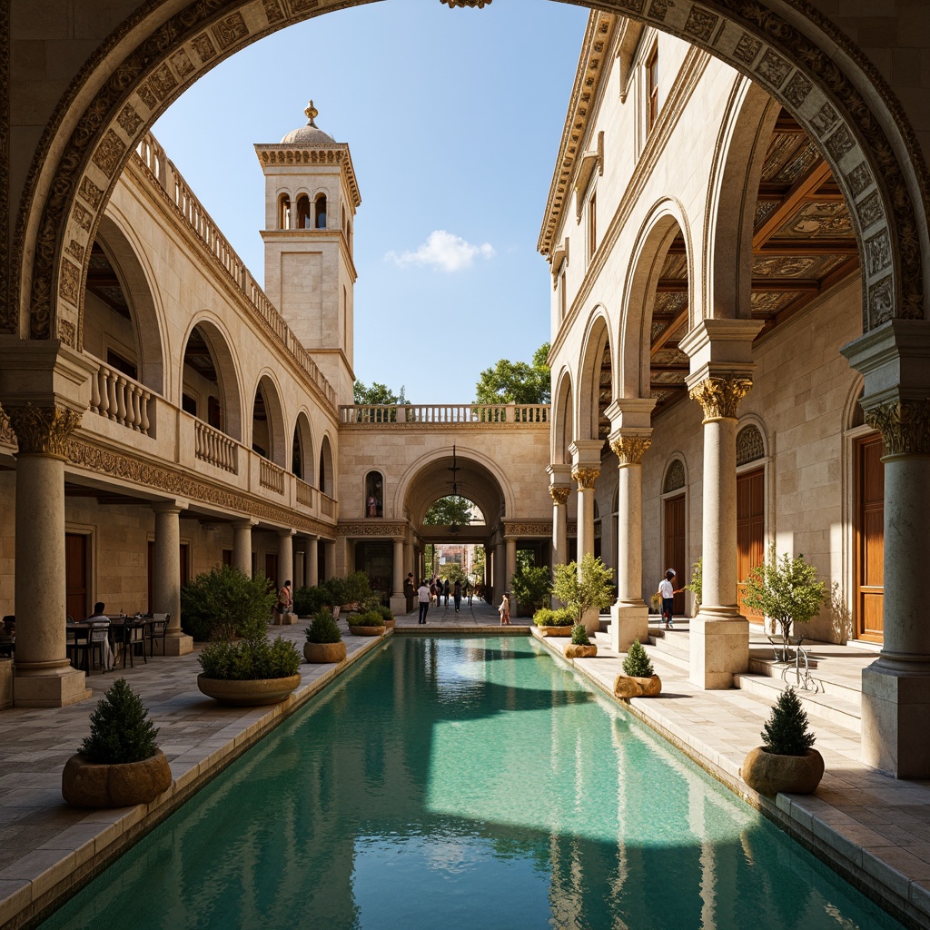 Prompt: Intricate stone carvings, ornate arches, golden accents, majestic columns, lavish mosaics, richly ornamented balustrades, grandiose bridge towers, sweeping curved lines, elegant proportions, vibrant turquoise water, sunny Mediterranean day, dramatic shadows, warm golden lighting, high contrast ratio, 1/2 composition, symmetrical framing, realistic reflections.