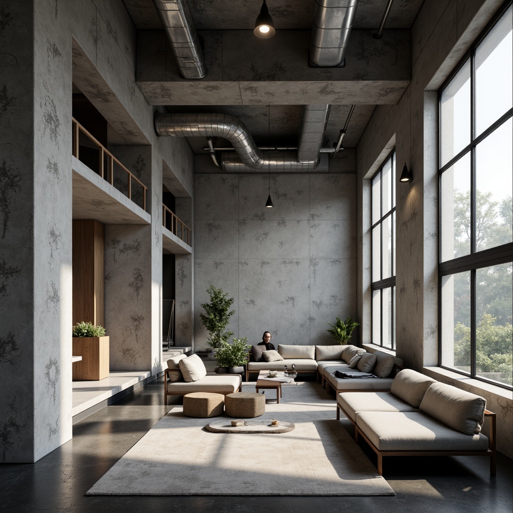 Prompt: Raw concrete walls, exposed ductwork, industrial-style lighting, minimal ornamentation, bold structural elements, rugged textures, monochromatic color scheme, functional furniture, geometric shapes, urban loft atmosphere, natural light pouring in, dramatic shadows, low-key ambient lighting, 1/1 composition, realistic renderings, detailed materiality.