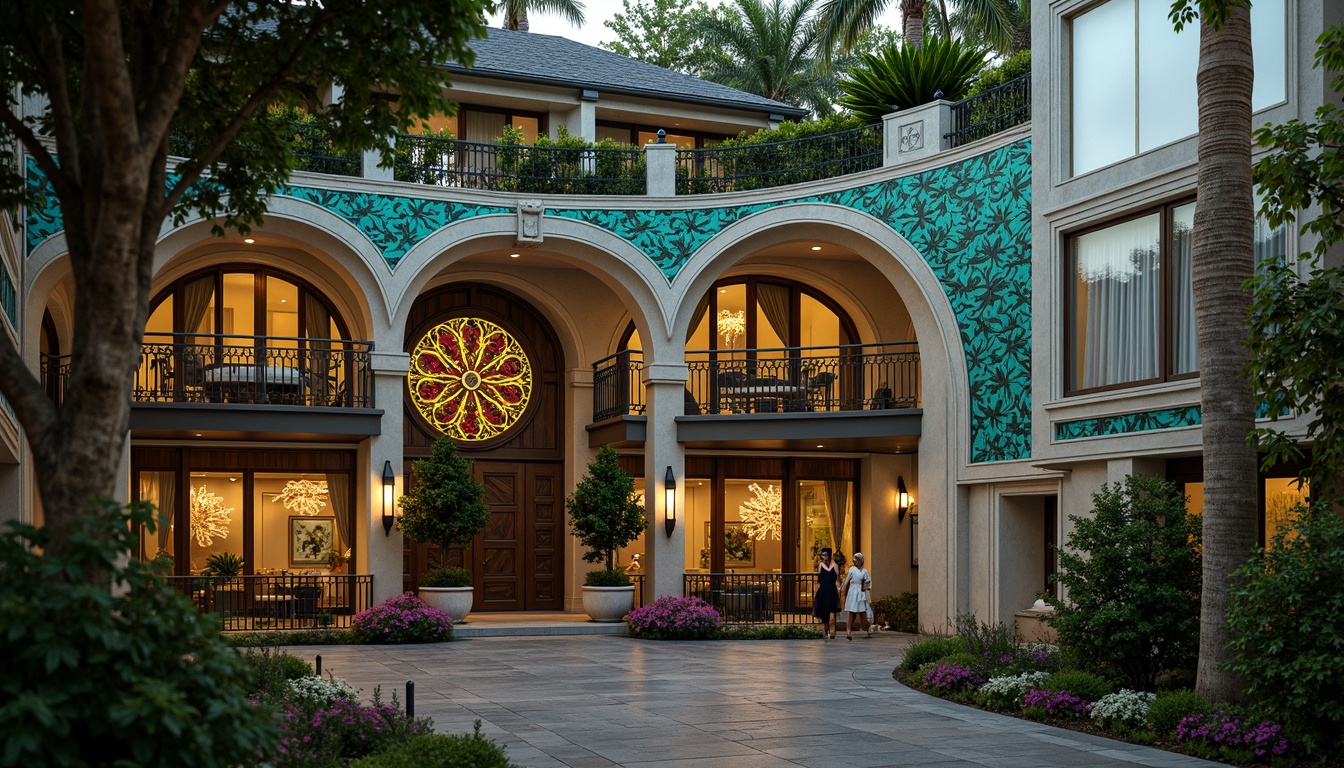 Prompt: Intricate flower patterns, sinuous lines, flowing curves, ornate metalwork, grand entrance archways, majestic stone facades, vibrant turquoise accents, lush greenery, whimsical gargoyles, decorative balconies, stained glass windows, warm golden lighting, 3/4 composition, shallow depth of field, soft focus, impressionist textures, atmospheric misting, romantic evening ambiance.