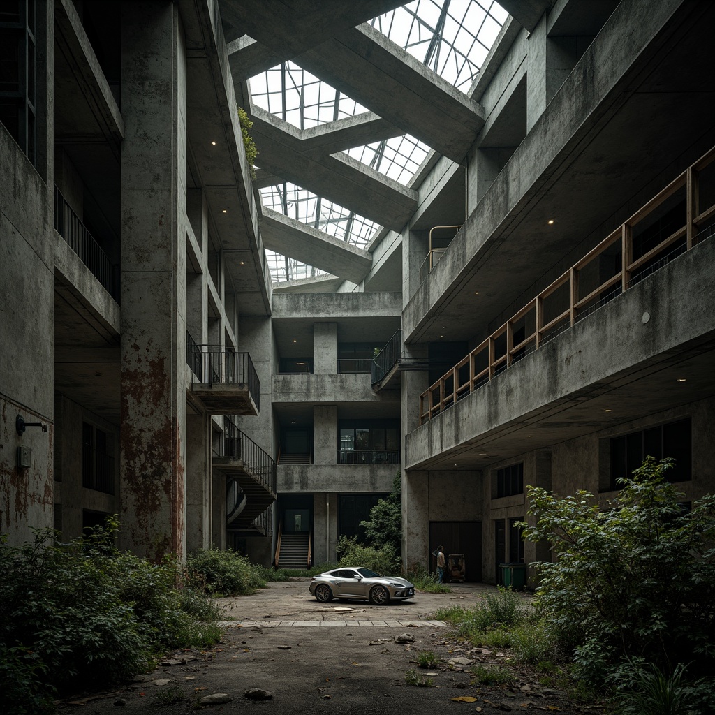 Prompt: Abandoned industrial site, rugged concrete structures, brutalist architecture, raw metal beams, exposed ductwork, industrial pipes, urban decay, overgrown vegetation, crumbling walls, distressed textures, harsh overhead lighting, dramatic shadows, cinematic composition, 1/2 camera angle, gritty realistic rendering, high-contrast color palette, ominous atmosphere, post-apocalyptic mood.