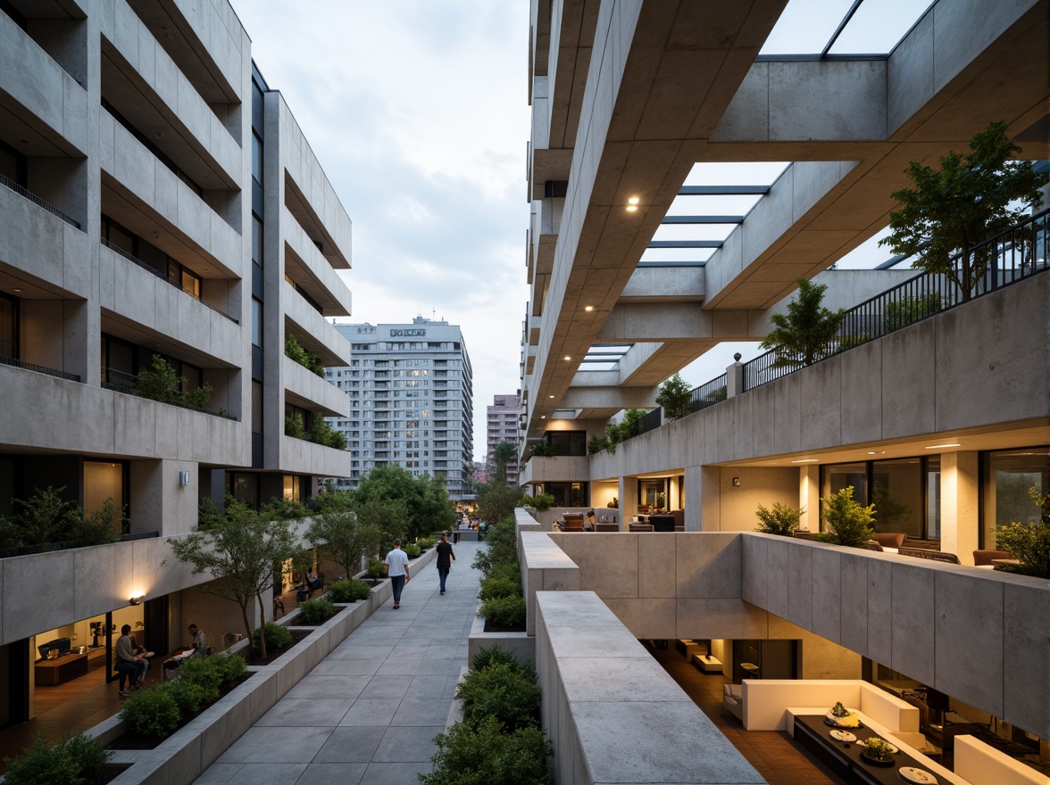 Prompt: Exposed concrete structures, brutalist fa\u00e7ades, angular lines, industrial materials, urban cityscape, overcast sky, diffused natural light, clerestory windows, skylights, transparent roofs, reflective surfaces, minimalist interior design, sparse greenery, industrial lighting fixtures, warm color palette, textured concrete walls, raw steel beams, open floor plans, abundant daylighting, soft ambient occlusion, 1/1 composition, realistic shadows.