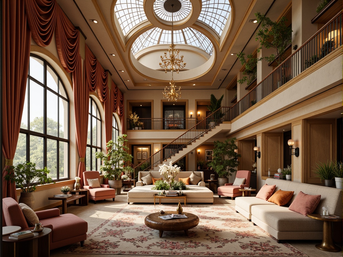 Prompt: Opulent social housing interior, flowing organic lines, sinuous curves, elegant textiles, rich velvet fabrics, intricate embroidery patterns, ornate metal fixtures, warm golden lighting, cozy reading nooks, plush area rugs, lavish drapery, stained glass windows, floral motifs, subtle Art Nouveau details, curved wooden banisters, soft pastel color palette, inviting community spaces, communal lounges, vibrant cultural murals, eclectic decorative accents, ornamental ceiling designs, luxurious furnishings, refined architectural elements.