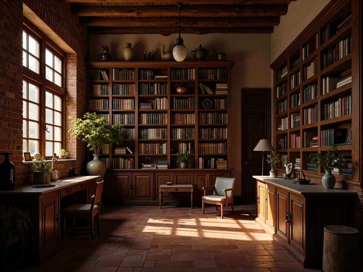 Prompt: Moody academic atmosphere, rich wood tones, warm golden lighting, rustic brick walls, vintage leather-bound books, ornate metal fixtures, earthy terracotta floors, distressed wooden furniture, subtle marble accents, soft box lighting, cinematic shadows, 1/1 composition, shallow depth of field, realistic textures, ambient occlusion.