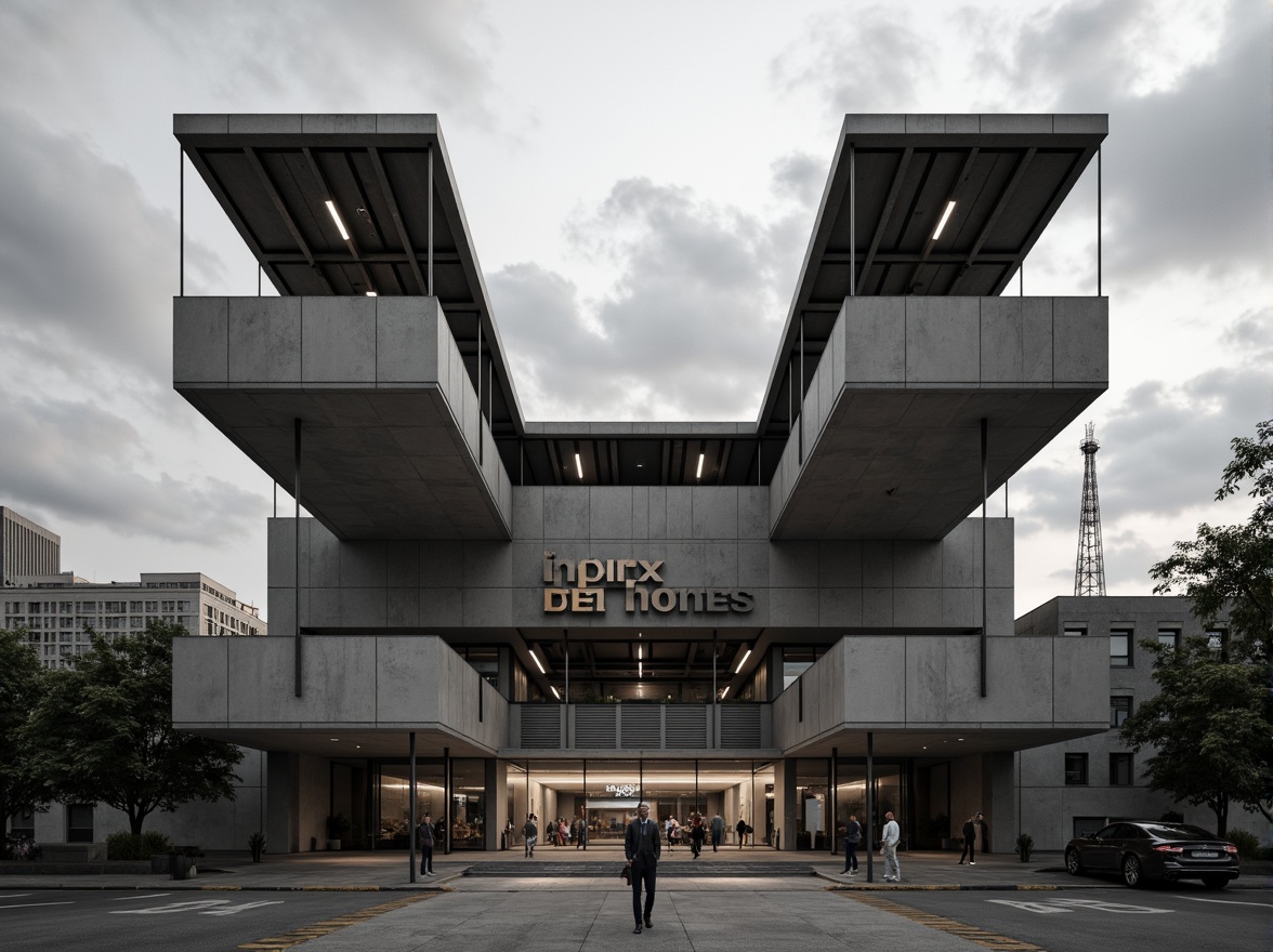 Prompt: Geometric auditorium, asymmetrical facade, cantilevered rooflines, industrial materials, exposed ductwork, minimalist decor, functional lighting, brutalist architecture, rectangular forms, clean lines, monochromatic color scheme, bold typography, urban landscape, cloudy sky, dramatic shadows, high contrast lighting, 1/1 composition, cinematic view, realistic textures, ambient occlusion.