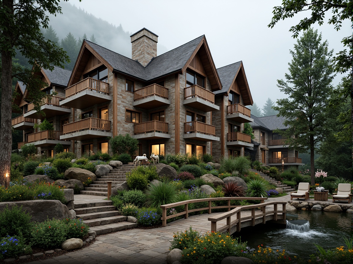 Prompt: Rustic mountain lodge, eclectic architectural style, natural stone walls, wooden accents, steeply pitched roofs, asymmetrical facades, lush greenery, wildflowers, moss-covered boulders, meandering stone pathways, wooden bridges, tranquil water features, tiered gardens, vibrant colorful blooms, whimsical sculptures, eclectic outdoor furniture, lantern-style lighting, warm cozy ambiance, soft diffused light, shallow depth of field, 2/3 composition, natural textures, atmospheric fog effects.