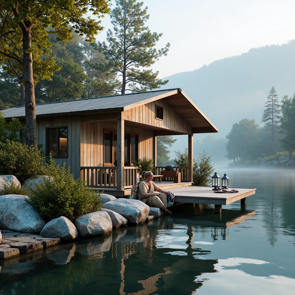 Prompt: Waterfront boathouse, wooden dock, rustic charm, weathered wood accents, nautical ropes, vintage lanterns, soft blue tones, calming aqua hues, creamy whites, warm beige textures, natural stone walls, lush greenery surroundings, serene lake views, misty morning atmosphere, warm golden lighting, shallow depth of field, 3/4 composition, realistic water reflections.