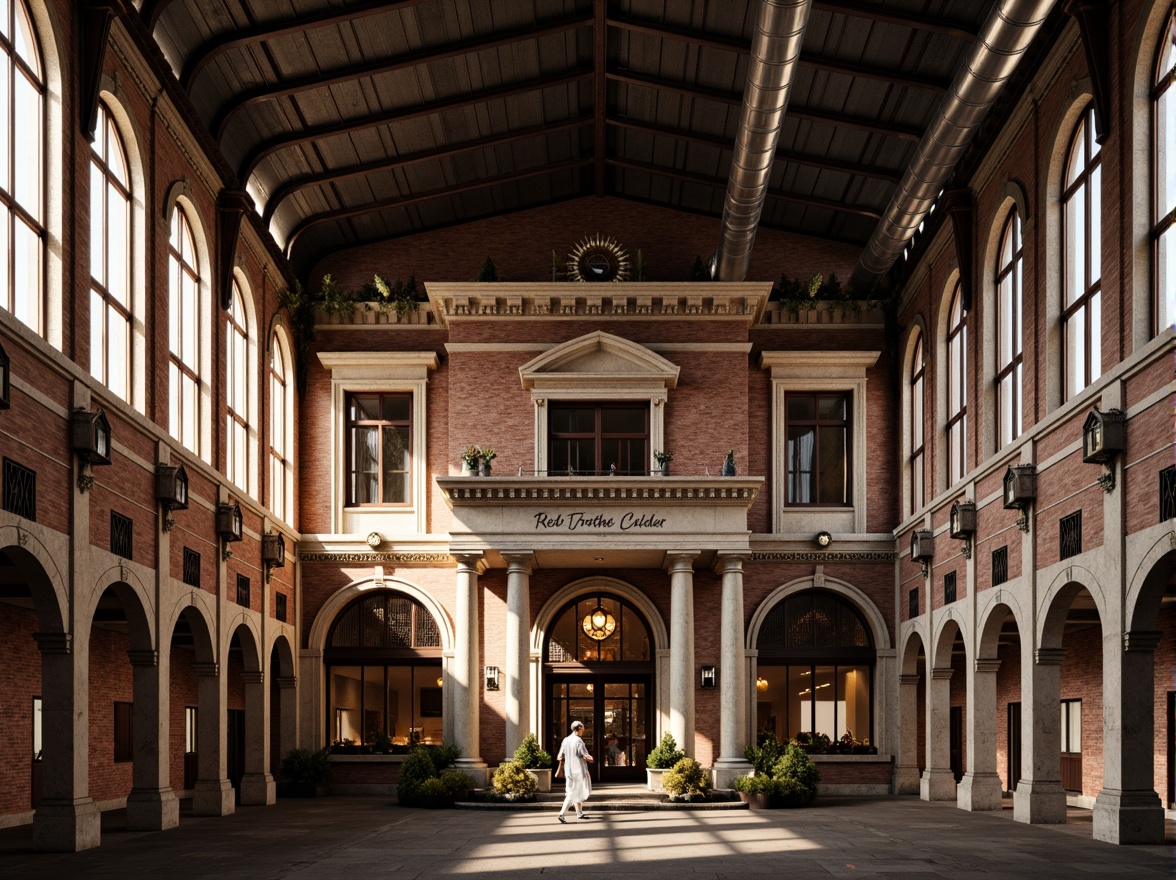 Prompt: Industrial factory building, neoclassical facade, ornate decorations, grand entrance, tall columns, rusticated stone walls, symmetrical composition, arched windows, metal roof trusses, exposed ductwork, vintage industrial equipment, distressed brick textures, warm golden lighting, dramatic shadows, 1/1 composition, realistic materials, ambient occlusion.Please let me know if this meets your requirements!