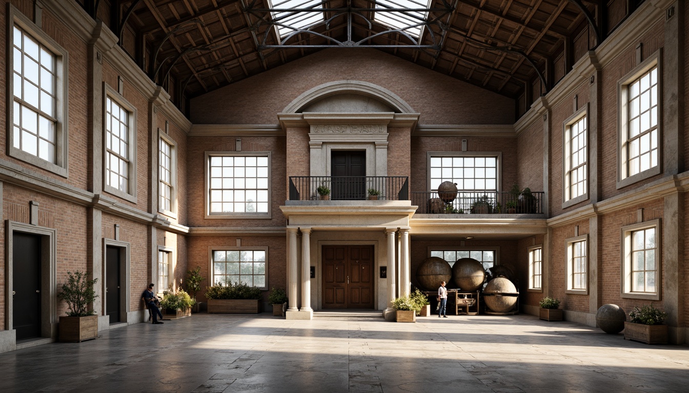 Prompt: Industrial factory building, Neoclassical facade, ornate columns, intricate moldings, grand entrance, symmetrical composition, neutral color palette, exposed brick walls, large industrial windows, metal roof trusses, rustic wooden accents, vintage machinery, distressed textures, warm soft lighting, shallow depth of field, 2/3 composition, realistic materials, ambient occlusion.