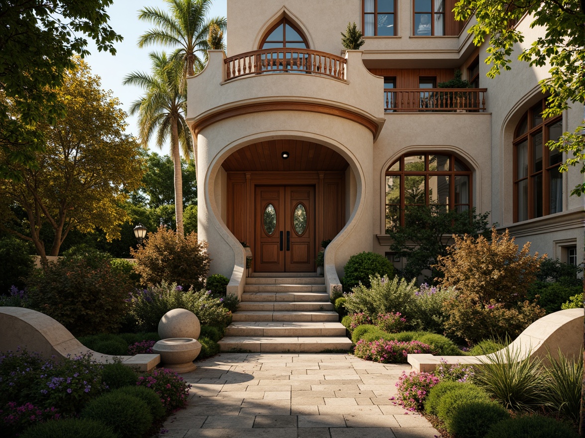 Prompt: Elegant residential facade, ornate Art Nouveau details, sinuous lines, flowing curves, organic forms, warm earthy tones, rich wooden accents, stained glass windows, intricate metalwork, lush greenery, blooming flowers, tranquil backyard oasis, natural stone pathways, vintage street lamps, soft golden lighting, shallow depth of field, 1/1 composition, realistic textures, ambient occlusion.