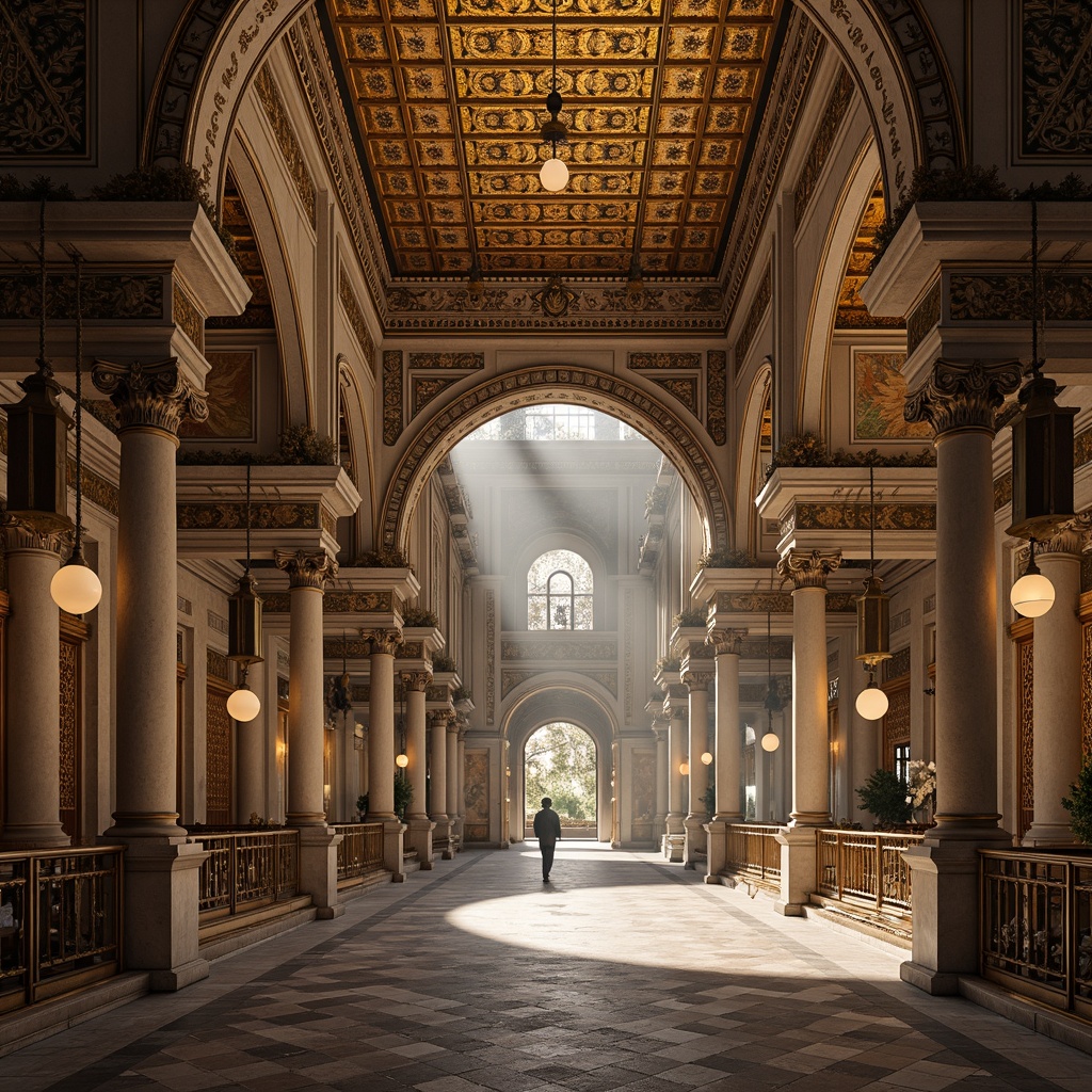 Prompt: Intricate stone carvings, ornate arches, golden domes, majestic piers, elegant balustrades, lavish lanterns, grandiose entrance gates, richly textured stonework, vibrant mosaic patterns, Byzantine-inspired motifs, luxurious bronze railings, dramatic lighting effects, misty atmospheric perspective, 1/1 composition, symmetrical framing, warm soft focus, realistic render.