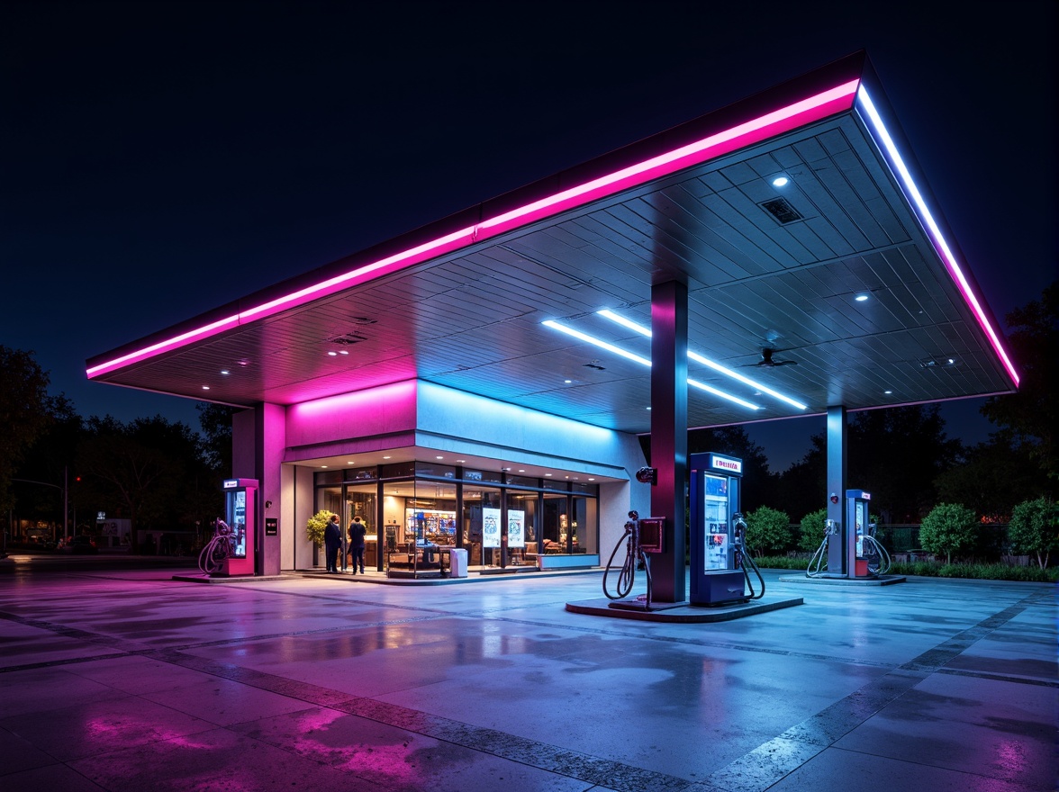 Prompt: Modern gas station, sleek metallic exterior, angular lines, neon signage, vibrant color scheme, LED strip lighting, warm glow at night, dramatic shadows, high-contrast lighting, futuristic atmosphere, minimalist interior, polished concrete floors, industrial-style lighting fixtures, exposed ductwork, glass and steel canopy, cantilevered roofline, dynamic composition, shallow depth of field, 2/3 rule, moody ambient occlusion.