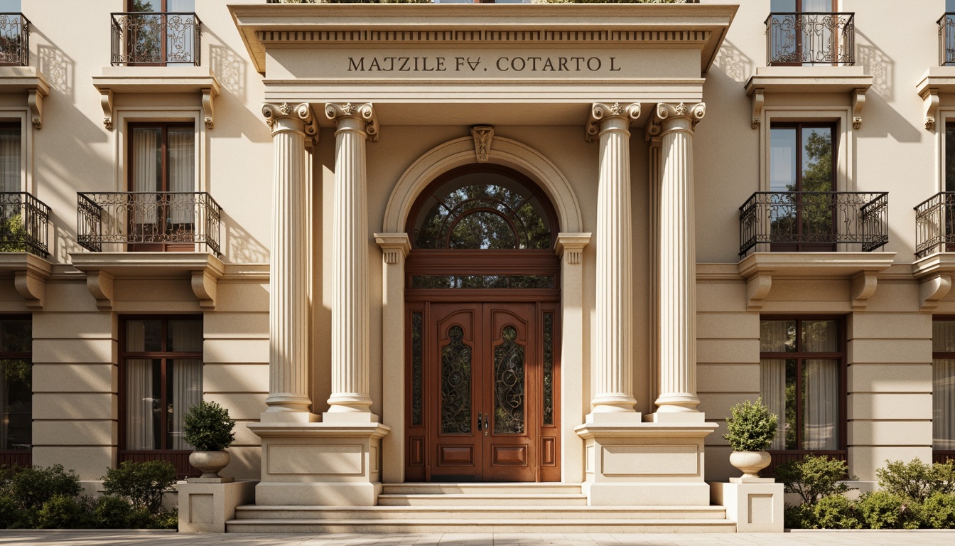 Prompt: Ornate classical facade, symmetrical composition, grand entrance, Corinthian columns, ornamental pilasters, carved stone details, rusticated base, arched windows, balconies with intricate metalwork, decorative pediments, subtle gradient of warm beige and cream colors, soft diffused lighting, 1/2 composition, shallow depth of field, realistic textures, ambient occlusion.