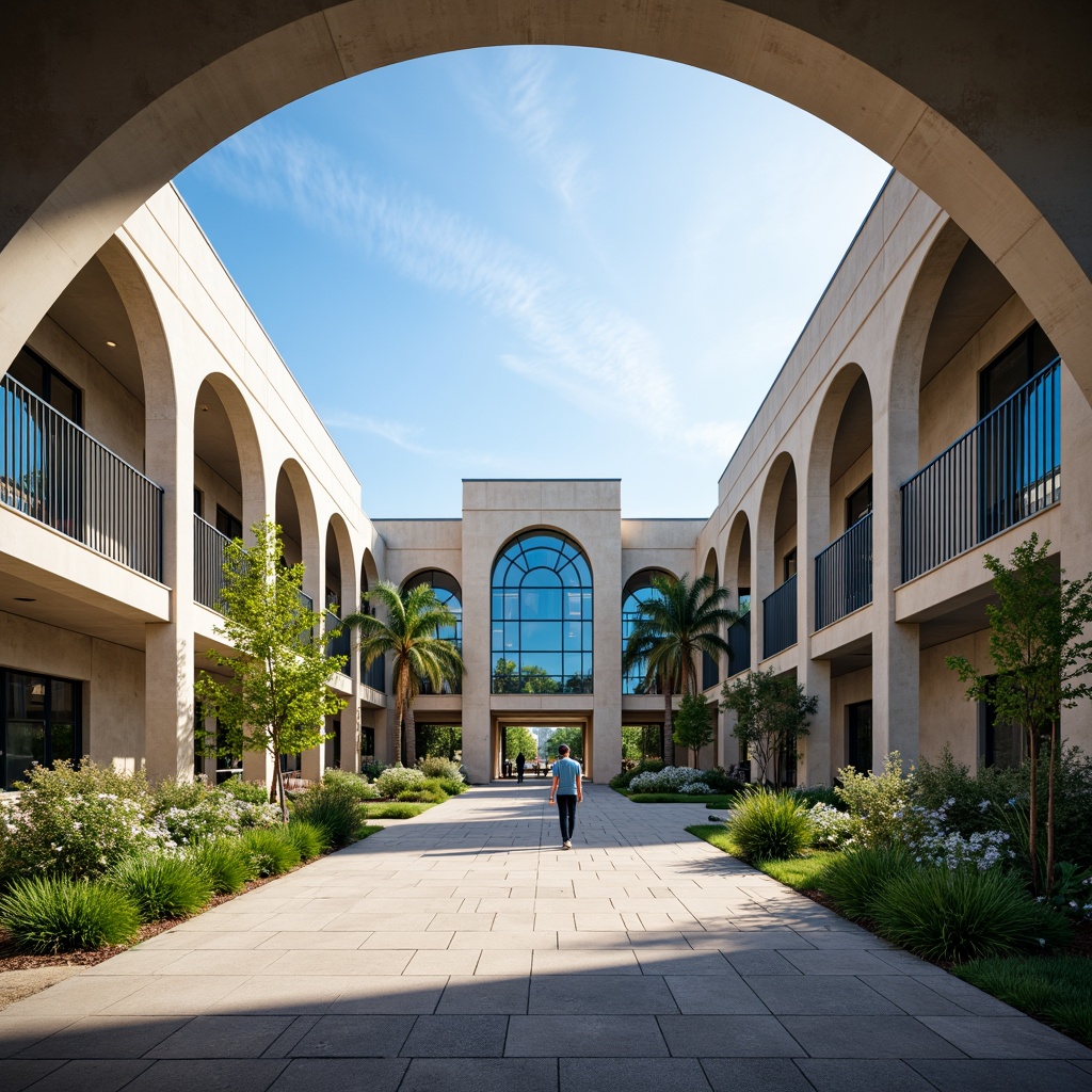 Prompt: Grand campus entrance, monumental arches, elegant columns, sleek glass facades, minimalist steel frames, modernist concrete structures, vibrant green roofs, lush courtyard gardens, international style architecture, eclectic cultural influences, bold color schemes, dynamic geometric patterns, abstract sculptures, futuristic LED lighting, shallow depth of field, 2/3 composition, panoramic view, realistic textures, ambient occlusion.