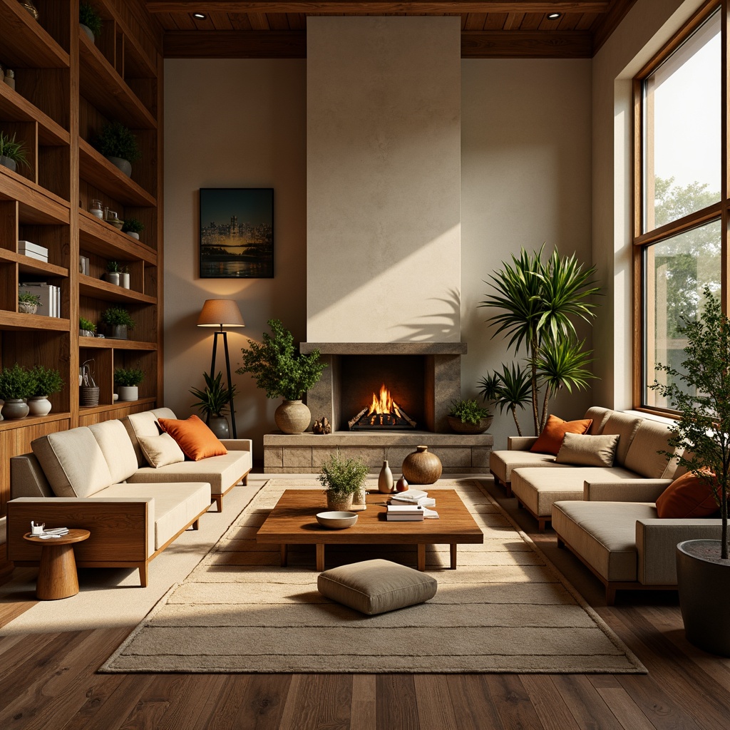 Prompt: Cozy living room, warm beige walls, rich walnut wood accents, plush velvet furniture, soft golden lighting, inviting earthy tones, natural stone fireplace, comfortable seating area, vibrant greenery, lush potted plants, calming atmosphere, relaxing ambiance, 3/4 composition, shallow depth of field, warm color harmony, realistic textures, ambient occlusion.