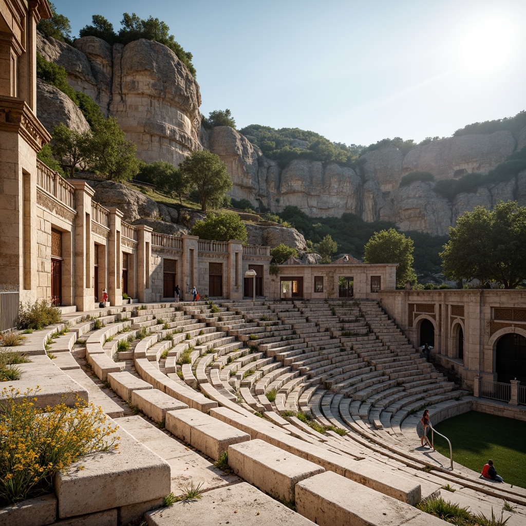 Prompt: Ancient amphitheater, weathered stone seats, rough-hewn limestone walls, ornate marble columns, tiered seating arrangement, natural earthy tones, rustic wooden accents, faded fresco paintings, moss-covered ruins, warm sunny day, soft diffused lighting, high contrast ratio, cinematic composition, atmospheric perspective, detailed rock textures, subtle ambient occlusion.Please let me know if this meets your requirements!